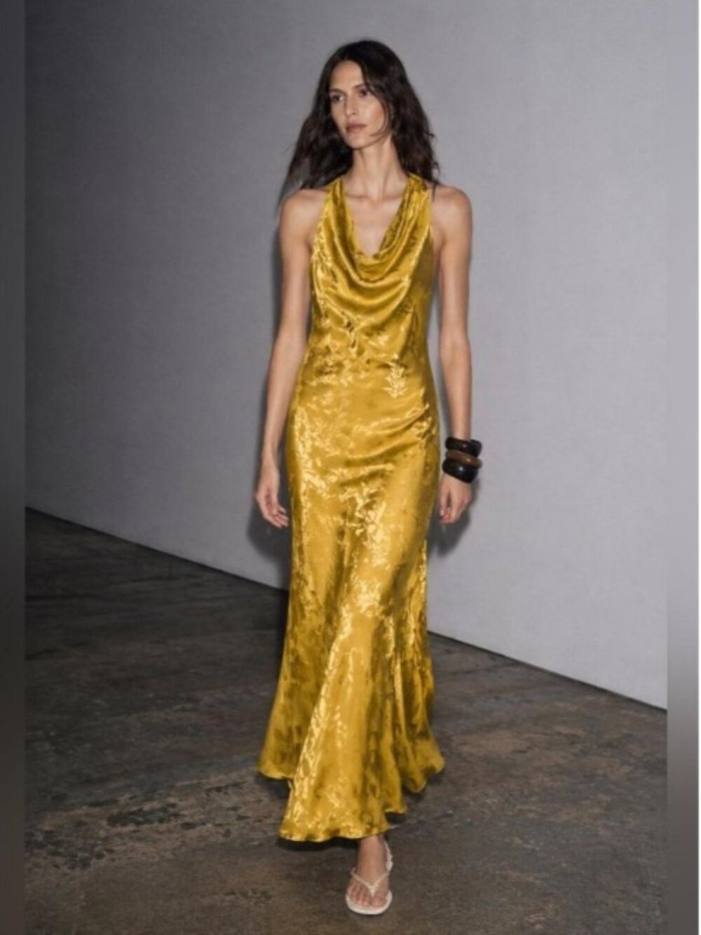 ZARA Satin Floral Jacquard Midi Maxi Dress Open Back Golden 8579/512 - Picture 7 of 16